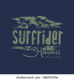 Vector illustration on the theme of surf rider and surfing in Hawaii.  Grunge background.  Vintage design. Typography, t-shirt graphics, print, poster, banner, flyer, postcard