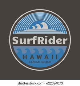 Vector illustration on the theme of surf rider and surfing in Hawaii, Lanikai beach.    Stamp typography, t-shirt graphics, print, poster, banner, flyer, postcard