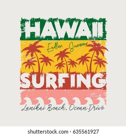 Vector illustration on the theme of surf and surfing in Hawaii, Lanikai beach. Vintage design.  Grunge background.  Typography, t-shirt graphics, print, poster, banner, flyer, postcard