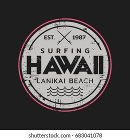 Vector illustration on the theme of surf rider and surfing in Hawaii, Lanikai beach. Grunge background.  Vintage design.  Stamp typography, t-shirt graphics, print, poster, banner, flyer, postcard