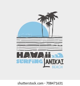 Vector illustration on the theme of surf rider and surfing in Hawaii.  Grunge background.  Vintage design.  Typography, t-shirt graphics, print, poster, banner, flyer, postcard