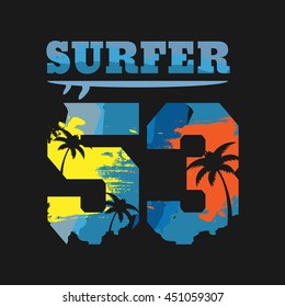 Vector illustration on the theme of surfer and surfing. Grunge background.  Number sport typography, t-shirt graphics, poster, banner, flyer, print and postcard

