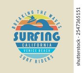 Vector illustration on the theme of surfing and surf in California. Sport typography, t-shirt graphics, print, poster, banner, flyer, postcard