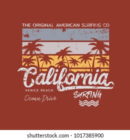 Vector illustration on the theme of surfing and surf in California, Venice beach. Vintage design.  Grunge background.  Typography, t-shirt graphics, print, poster, banner, flyer, postcard