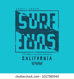 Vector illustration on the theme of surfing and surf in California, Venice beach. Vintage design.  Grunge background.  Typography, t-shirt graphics, print, poster, banner, flyer, postcard
