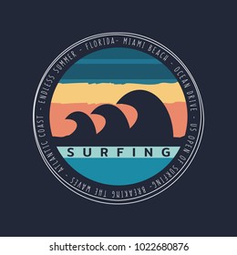 Vector illustration on the theme of surfing and surf in Florida, Miami Beach. Stamp typography, t-shirt graphics, poster, banner, flyer, print, postcard