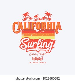 Vector illustration on the theme of surfing and surf in California, Sun Diego. Vintage design.  Grunge background.  Typography, t-shirt graphics, print, poster, banner, flyer, postcard