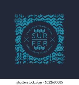 Vector illustration on the theme of surfing and surf in California, Venice beach.  Grunge background. Typography, t-shirt graphics, poster, print, banner, flyer, postcard