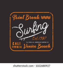 Vector illustration on the theme of surfing and surf in California, Venice beach.  Grunge background.  Stamp typography, t-shirt graphics, print, poster, banner, flyer, postcard