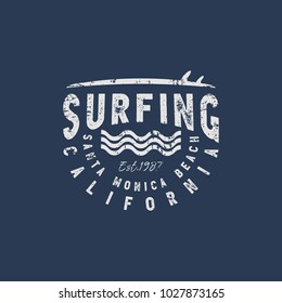 Vector illustration on the theme of surfing and surf in California, Santa Monica beach. Vintage design.  Grunge background.  Stump typography, t-shirt graphics, print, poster, banner, flyer, postcard