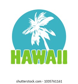 vector illustration on a theme of surfing, print of Hawaii, palm tree on a blue background, print on a T-shirt, flat style, typographic pattern