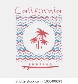 Vector illustration on the theme of surfing and surf in California.  Vintage design. Grunge background. Typography, t-shirt graphics, poster, print, banner, flyer, postcard