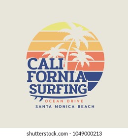 Vector illustration on the theme of surfing and surf in California, Santa Monica beach. Vintage design. Sport typography, t-shirt graphics, print, poster, banner, flyer, postcard