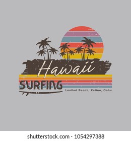 Vector Illustration On The Theme Of Surfing And Surf In Hawaii. Vintage Design.  Grunge Background. Typography, T-shirt Graphics, Print, Poster, Banner, Flyer, Postcard