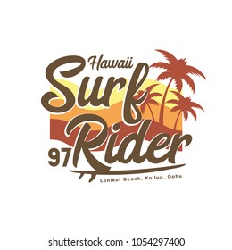 Vector illustration on the theme of surfing and surf in Hawaii. Vintage design. Typography, t-shirt graphics, print, poster, banner, flyer, postcard