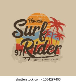 Vector illustration on the theme of surfing and surf in Hawaii. Vintage design.  Grunge background.  Typography, t-shirt graphics, print, poster, banner, flyer, postcard