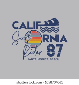 Vector illustration on the theme of surfing and surf rider in California, Santa Monica beach. Vintage design.  Grunge background.  Typography, t-shirt graphics, print, poster, banner, flyer, postcard