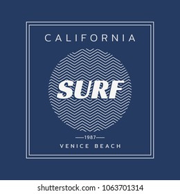 Vector illustration on the theme of surfing and surf in California, Venice Beach. Typography, t-shirt graphics, print, poster, banner, flyer, postcard