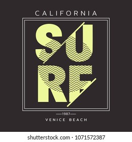 Vector illustration on the theme of surfing and surf in California, Venice Beach. Typography, t-shirt graphics, print, poster, banner, flyer, postcard