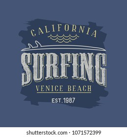 Vector illustration on the theme of surfing and surf in California, Venice beach. Vintage design. Typography, t-shirt graphics, print, poster, banner, flyer, postcard