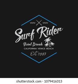 Vector illustration on the theme of surfing and surf rider in California, Venice beach. Stamp typography, t-shirt graphics, print, poster, banner, flyer, postcard