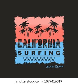 Vector illustration on the theme of surfing and surf in California, Venice beach. Vintage design. Sport typography, t-shirt graphics, print, poster, banner, flyer, postcard