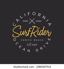 Vector illustration on the theme of surfing and surf rider in California, Venice beach. Stamp typography, t-shirt graphics, print, poster, banner, flyer, postcard