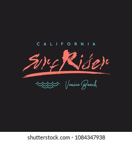 Vector illustration on the theme of surfing and surf rider in California, Venice beach. Typography, t-shirt graphics, print, poster, banner, flyer, postcard