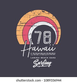 Vector illustration on the theme of surfing and surf in Hawaii. Vintage design. Grunge background.  Number sport typography, t-shirt graphics, print, poster, banner, flyer, postcard