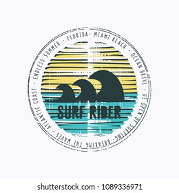 Vector illustration on the theme of surfing and surf rider in Florida, Miami Beach. Vintage design. Grunge background.  Stamp typography, t-shirt graphics, poster, banner, flyer, print, postcard