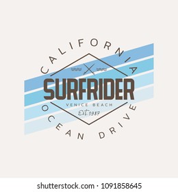 Vector illustration on the theme of surfing and surf rider in California, Venice beach. Stamp typography, t-shirt graphics, print, poster, banner, flyer, postcard