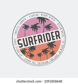 Vector illustration on the theme of surfing and surf rider in Florida, Miami Beach. Stamp typography, t-shirt graphics, poster, banner, flyer, print, postcard