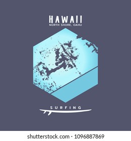 Vector illustration on the theme of surfing and surf in Hawaii. The abstract design. Typography, t-shirt graphics, print, poster, banner, flyer, postcard