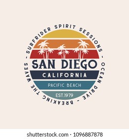 Ilustración vectorial sobre el tema del surf y el surf en California, San Diego.  Diseño de época.  Tipografía de sello, gráficos de camisetas, impresión, afiche, pancarta, volante, postal