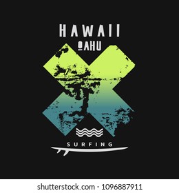 Vector illustration on the theme of surfing and surf in Hawaii. The abstract design. Typography, t-shirt graphics, print, poster, banner, flyer, postcard