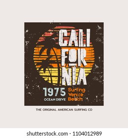 Vector illustration on the theme of surfing and surf in California, Venice beach. Vintage design. Grunge background. Sport typography, t-shirt graphics, print, poster, banner, flyer, postcard