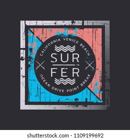 Vector illustration on the theme of surfing and surf in California, Venice beach. Grunge background. Vintage design. Stamp typography, t-shirt graphics, print, poster, banner, flyer, postcard