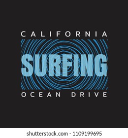 Vector illustration on the theme of surfing and surf rider in California. The abstract design. Stamp typography, t-shirt graphics, print, poster, banner, flyer, postcard