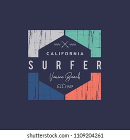 Vector illustration on the theme of surfing and surfer in California, Venice beach. Grunge background. Vintage design. Stamp typography, t-shirt graphics, print, poster, banner, flyer, postcard