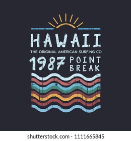 Vector illustration on the theme of surfing and surf in Hawaii. Vintage design. Grunge background. Number sport typography, t-shirt graphics, print, poster, banner, flyer, postcard