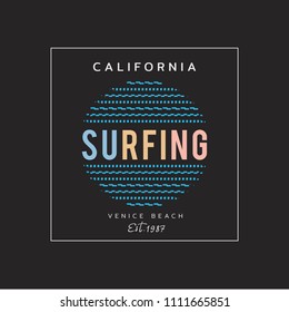 Vector illustration on the theme of surfing and surf in California, Venice beach. Typography, t-shirt graphics, print, poster, banner, flyer, postcard