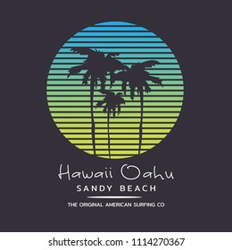 Vector illustration on the theme of surfing and surf rider in Hawaii, Oahu, Sandy beach. Sport typography, t-shirt graphics, print, poster, banner, flyer, postcard