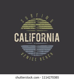 Vector illustration on the theme of surfing and surf in California, Venice beach. Grunge background. Vintage design. Stamp typography, t-shirt graphics, print, poster, banner, flyer, postcard