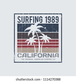 Vector illustration on the theme of surfing and surf in California. Vintage design.  Grunge background. Sport typography, t-shirt graphics, print, poster, banner, flyer, postcard