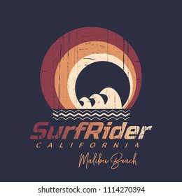 Vector illustration on the theme of surfing and surf rider in California, Malibu beach. Vintage design. Grunge background. Sport typography, t-shirt graphics, print, poster, banner, flyer, postcard