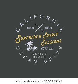 Vector illustration on the theme of surfing and surf rider in California, Venice beach. Stamp typography, t-shirt graphics, print, poster, banner, flyer, postcard