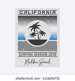Vector illustration on the theme of surfing and surf in California, Malibu beach. Grunge background. Sport typography, t-shirt graphics, print, poster, banner, flyer, postcard