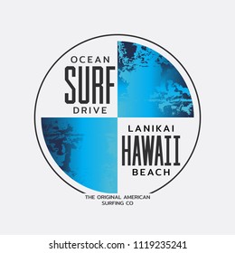 Vector illustration on the theme of surfing and surf in Hawaii. The abstract design. Typography, t-shirt graphics, print, poster, banner, flyer, postcard