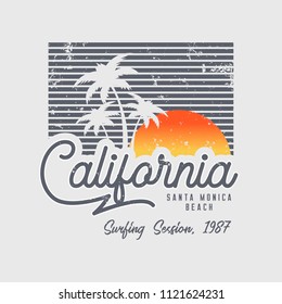 Vector illustration on the theme of surfing and surf in California, Santa Monica beach. Vintage design.  Grunge background. Sport typography, t-shirt graphics, print, poster, banner, flyer, postcard