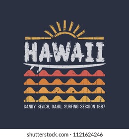 Vector illustration on the theme of surfing and surf in Hawaii. Vintage design. Grunge background.  Sport typography, t-shirt graphics, print, poster, banner, flyer, postcard